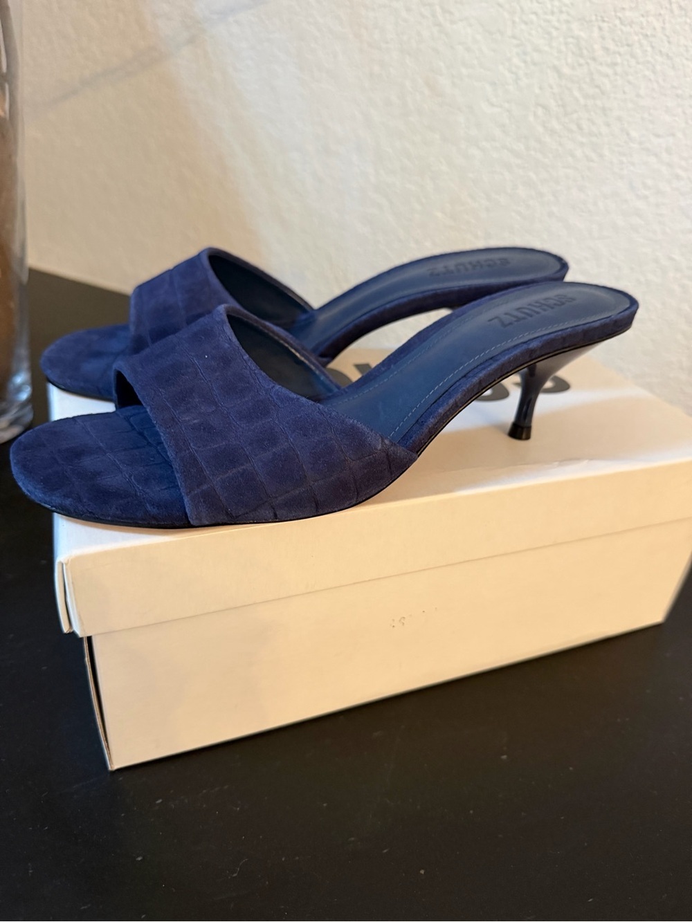 Schultz Navy Suede Kitten Heel Slide Sandals - chic and comfortable